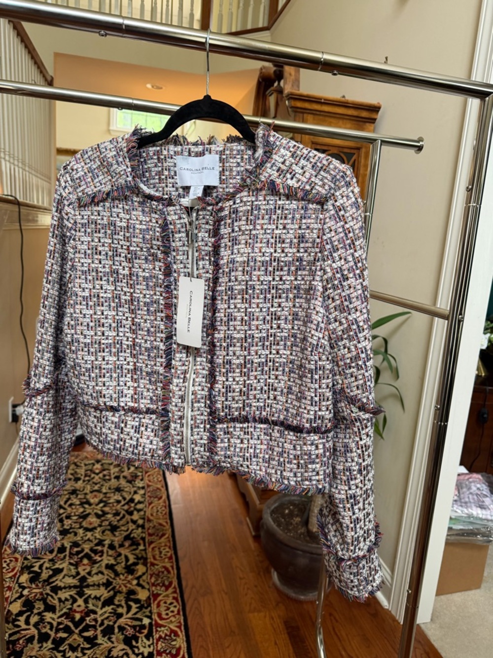 Carolina Belle Multicolor Tweed Cropped Jacket - Pink/Blue/White NWT Large